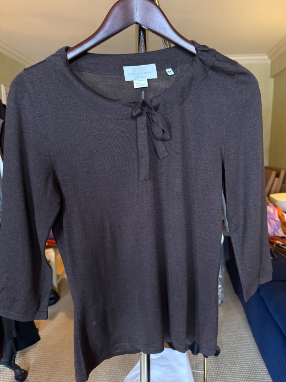 Barneys New York dark brown lightweight knit top crafted in Italy